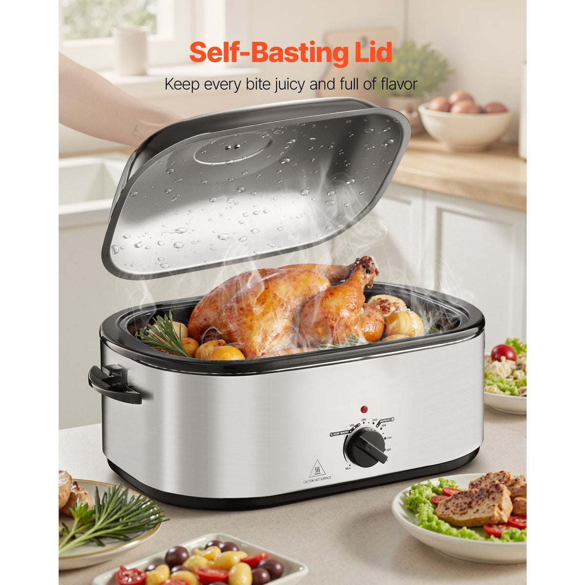 Roaster Oven, 24QT Electric Turkey Roaster Oven, 150-450 Fahrenheit Adjustable Temp Electric Roasting Pan with 3 Bin Buffet Server, Self-Basting Lid, Defrost & Warm Function, Self-Basting Lid