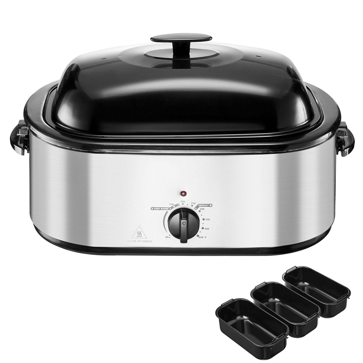Roaster Oven, 24QT Electric Turkey Roaster Oven, 150-450 Fahrenheit Adjustable Temp Electric Roasting Pan with 3 Bin Buffet Server, Self-Basting Lid, Defrost & Warm Function, Self-Basting Lid