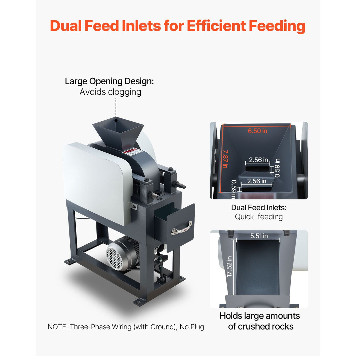 Rock Crusher, 220V Double Roller Crushers, Industrial Shredder with 2.56x0.59 inch Dual Feed Inlets, 1740RPM Speed Stone Grinder Rock Crusher, 1.5KW Electric Shatter Pulverizer, 860kg/h Crushing