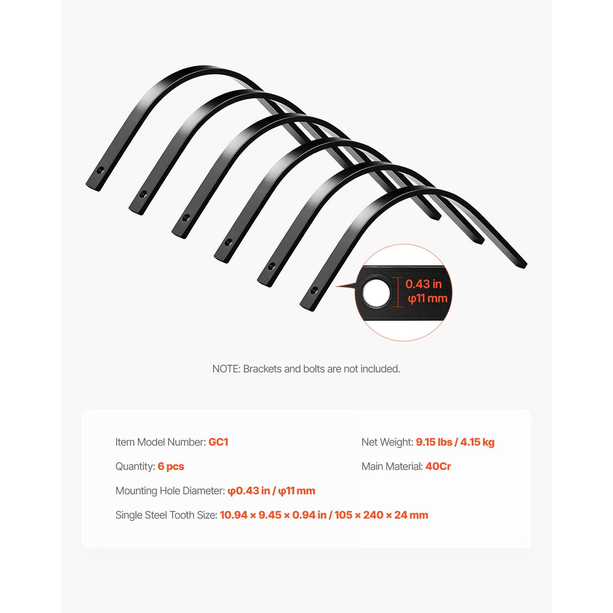 Rock Rake Tines, 6 Pack 1" x 5/16" Bolt-Mount Landscape Rake Tines Replacement, One Bolt Hole, High-strength & Heat-treated Steel Gravel Rakes Tine Replacement Parts