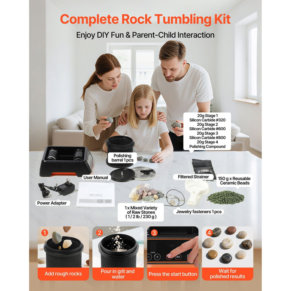 Rock Tumbler, 1 lb Rock Polishing Machine, Rocks Tumbling Kit with 4-Speed Adjustment, 1–9 Day Timer, Direct Drive Motor Rocks Polishing Kit for Rose Quartz, Amethyst, Quiet Operation