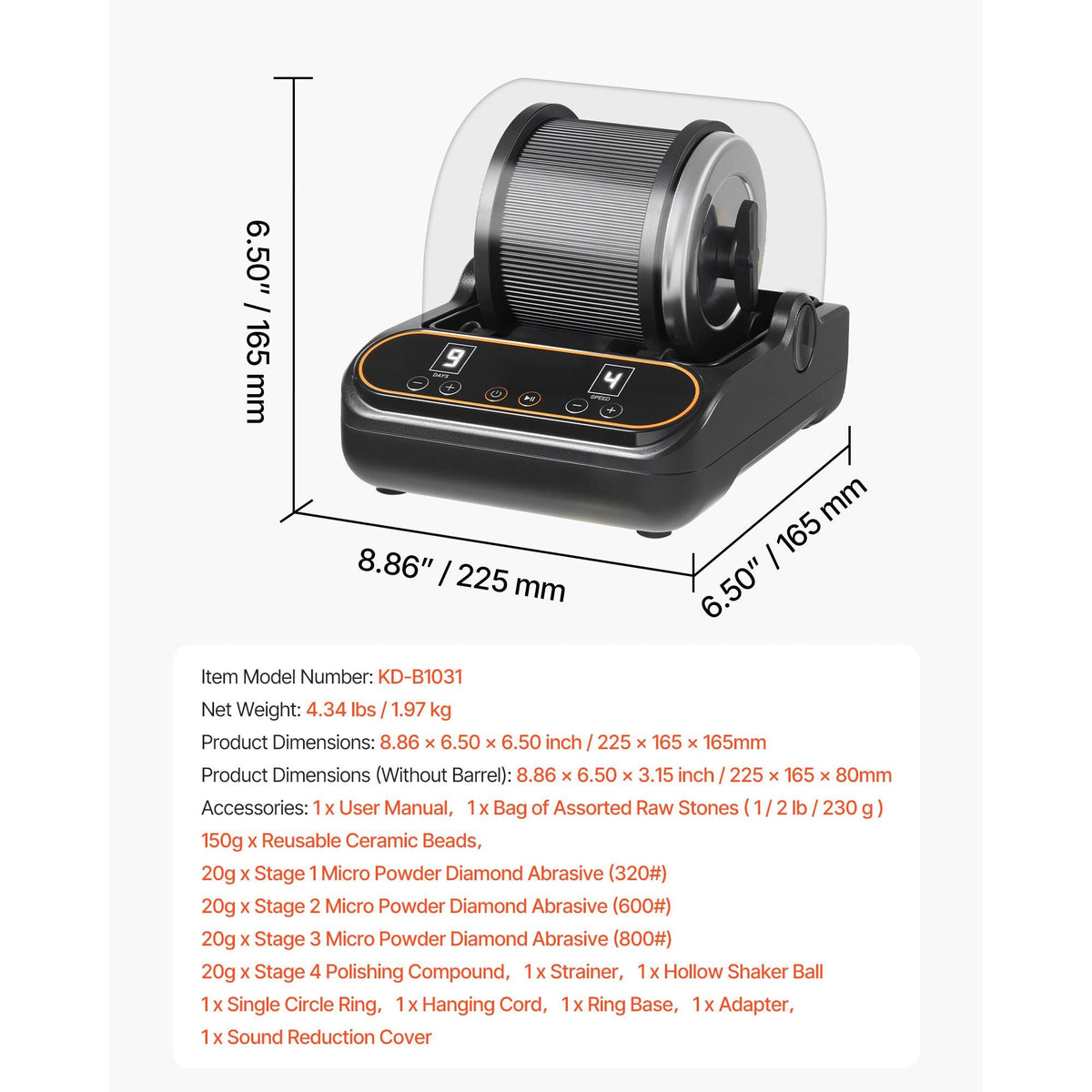 Rock Tumbler, 1 lb Rock Polishing Machine, Rocks Tumbling Kit with 4-Speed Adjustment, 1–9 Day Timer, PC Sound Reduction Cover & TPU Drum, Direct Drive Motor Rocks Polishing, Quiet Operation