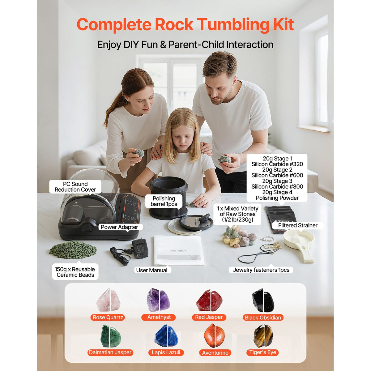 Rock Tumbler, 1 lb Rock Polishing Machine, Rocks Tumbling Kit with 4-Speed Adjustment, 1–9 Day Timer, PC Sound Reduction Cover & TPU Drum, Direct Drive Motor Rocks Polishing, Quiet Operation