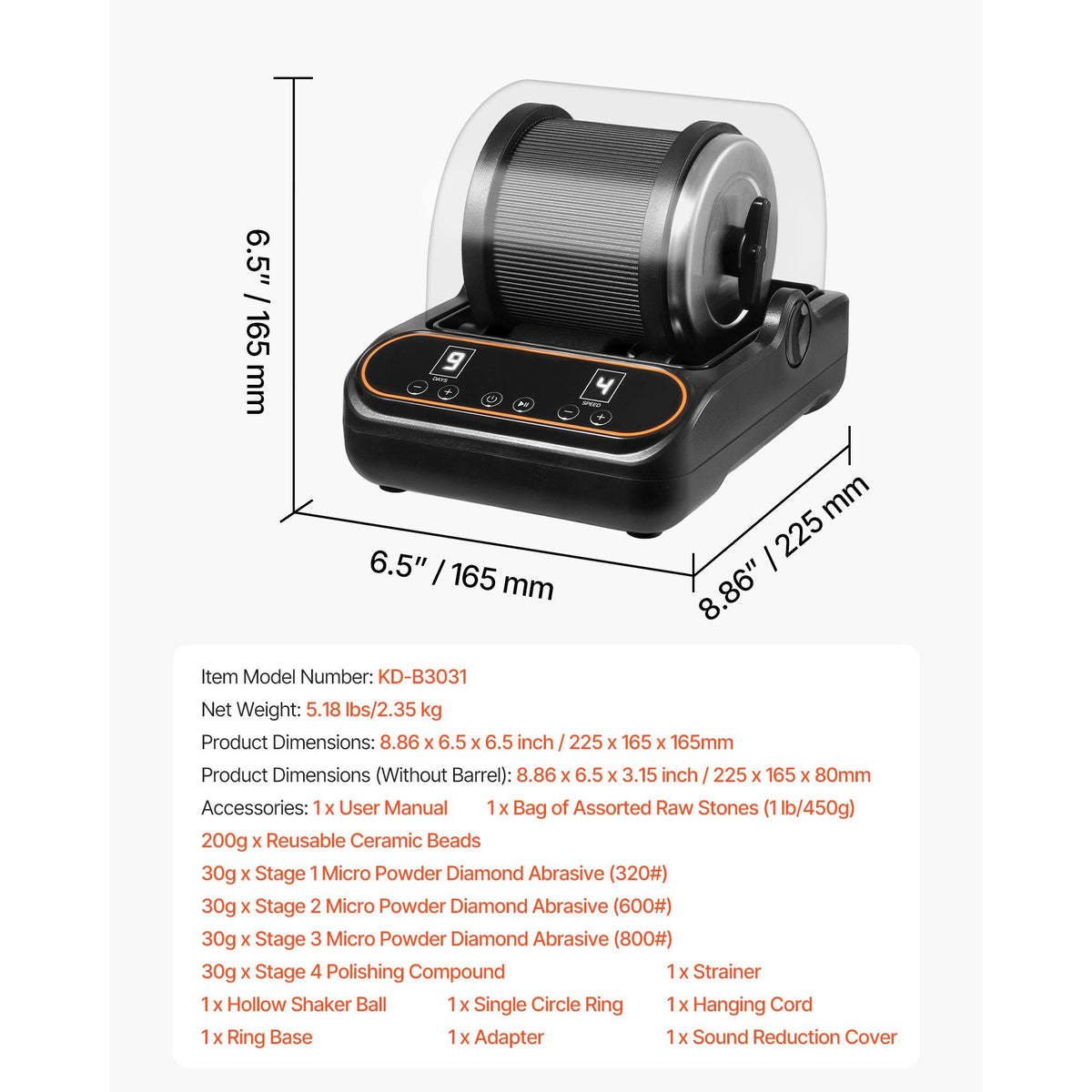 Rock Tumbler, 2 lb Rock Polishing Machine, Rocks Tumbling Kit with 4-Speed Adjustment, 1–9 Day Timer, PC Sound Reduction Cover & TPU Drum, Direct Drive Motor Rocks Polishing, Quiet Operation