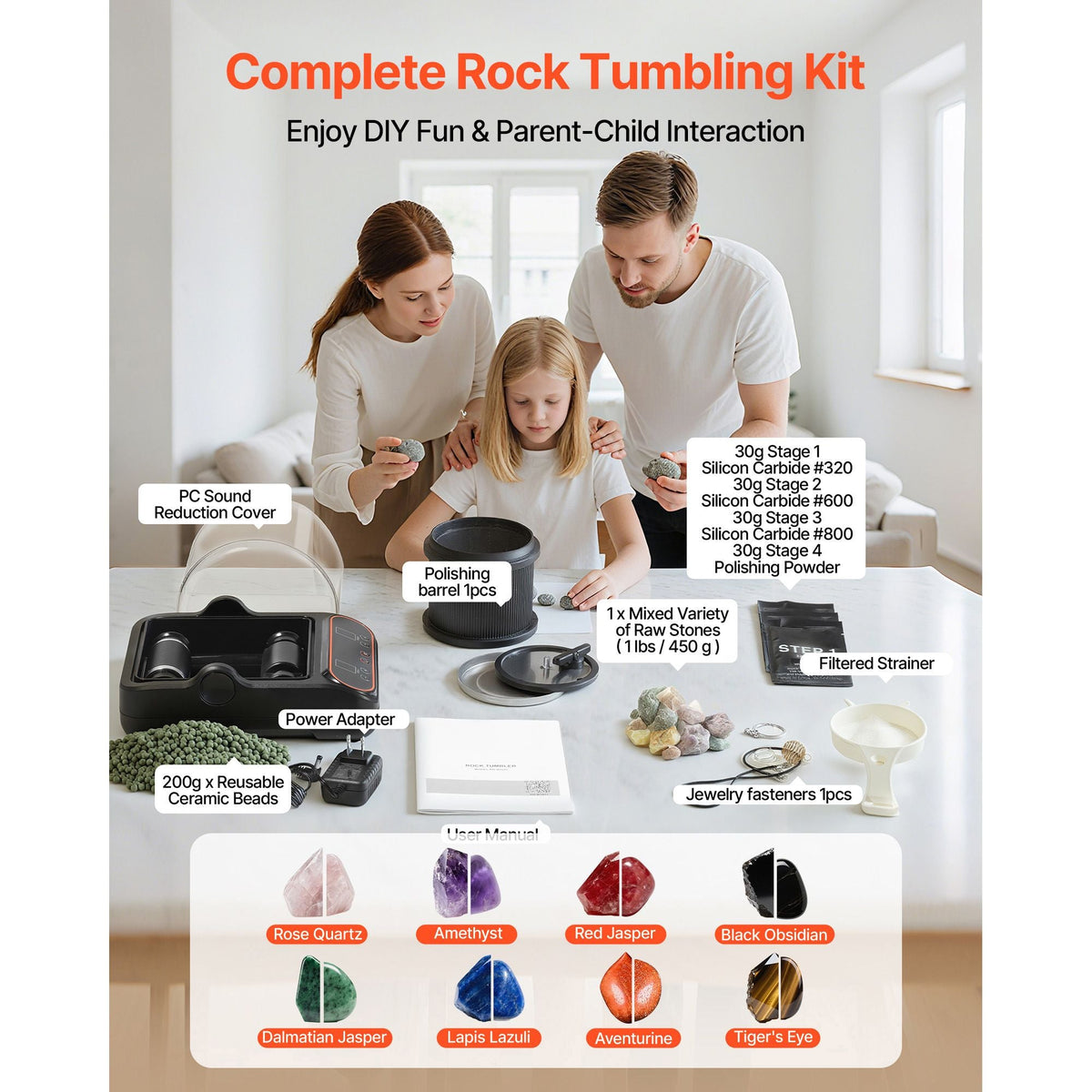 Rock Tumbler, 2 lb Rock Polishing Machine, Rocks Tumbling Kit with 4-Speed Adjustment, 1–9 Day Timer, PC Sound Reduction Cover & TPU Drum, Direct Drive Motor Rocks Polishing, Quiet Operation