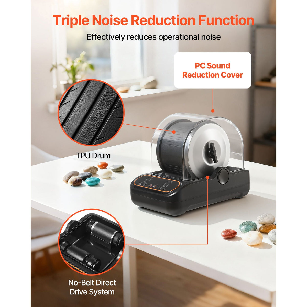 Rock Tumbler, 3 lb Rock Polishing Machine, Rocks Tumbling Kit with 4-Speed Adjustment, 1–9 Day Timer, PC Sound Reduction Cover & TPU Drum, Direct Drive Motor Rocks Polishing, Quiet Operation