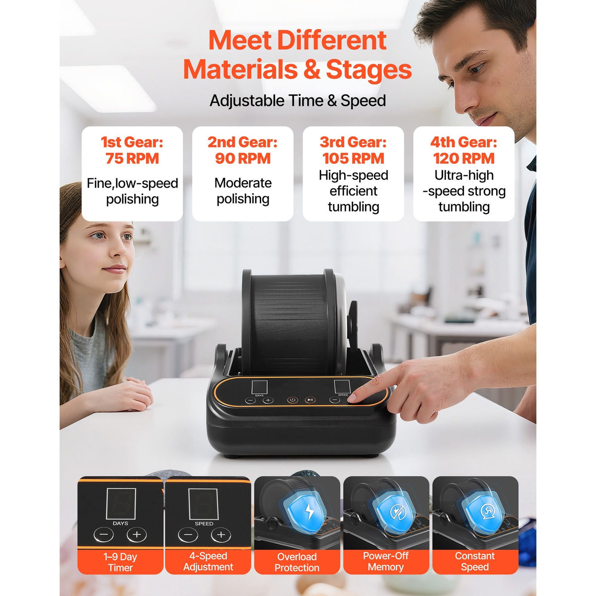 Rock Tumbler, 3 lb Rock Polishing Machine, Rocks Tumbling Kit with 4-Speed Adjustment, 1–9 Day Timer, PC Sound Reduction Cover & TPU Drum, Direct Drive Motor Rocks Polishing, Quiet Operation