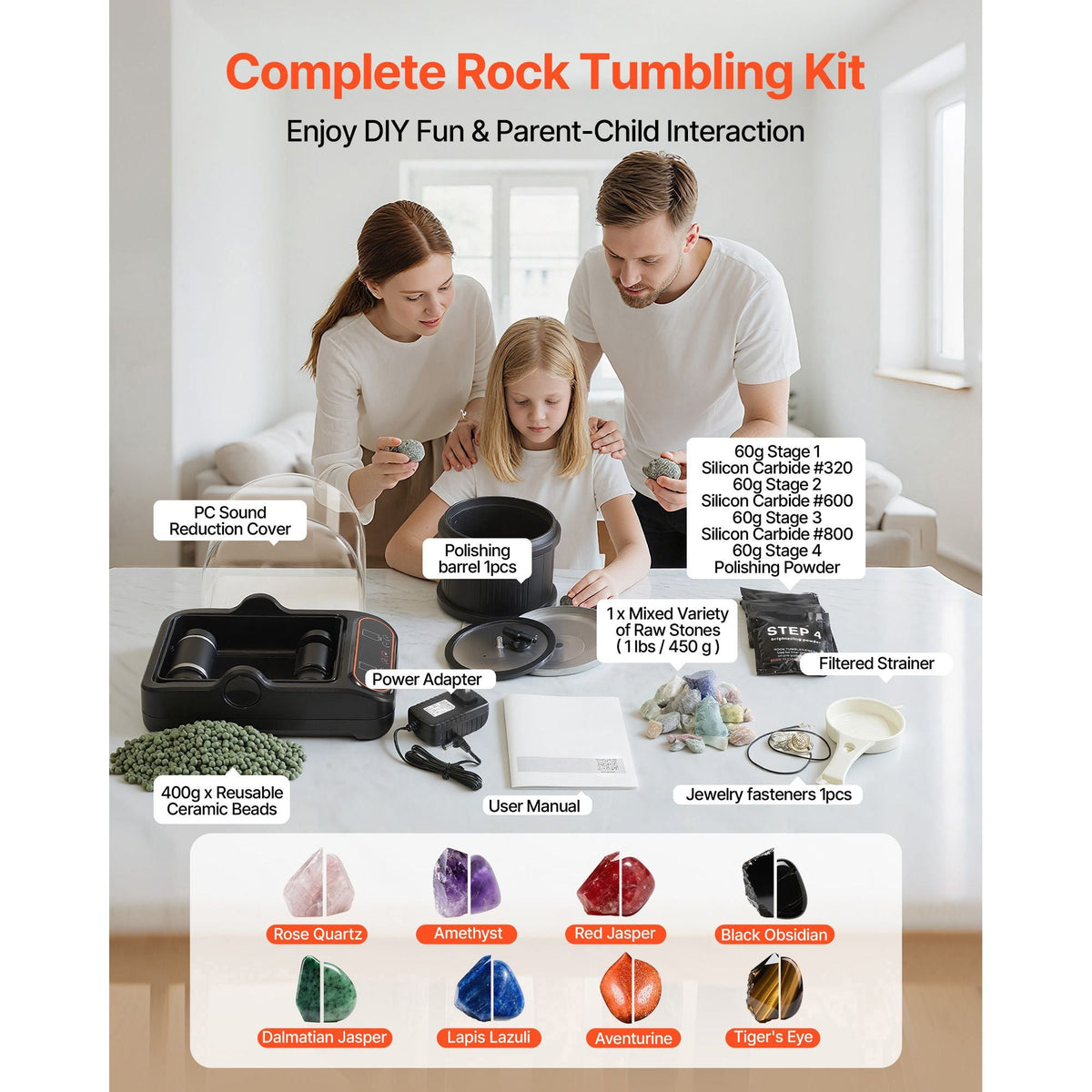 Rock Tumbler, 3 lb Rock Polishing Machine, Rocks Tumbling Kit with 4-Speed Adjustment, 1–9 Day Timer, PC Sound Reduction Cover & TPU Drum, Direct Drive Motor Rocks Polishing, Quiet Operation