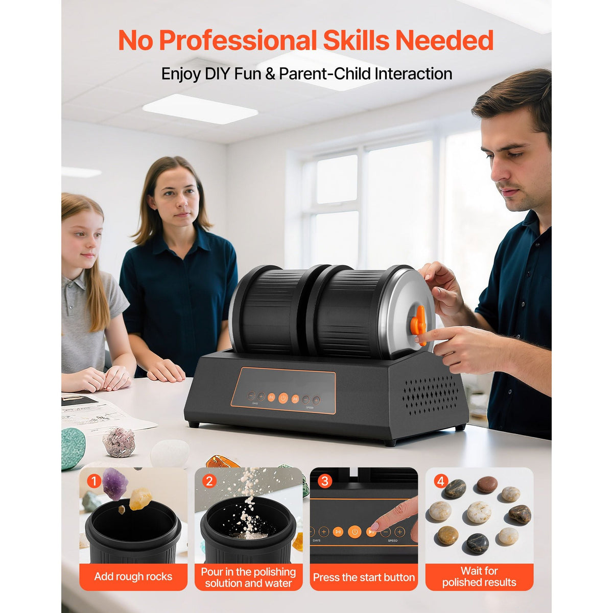 Rock Tumbler Kit, 8 lbs Rock Polishing Kit, 4 Speed Settings 9-Day Polishing Timer Stone Polishing Kit, Double Barrel Rock Polisher with Adapter, Rock Polisher for Adults and Kids