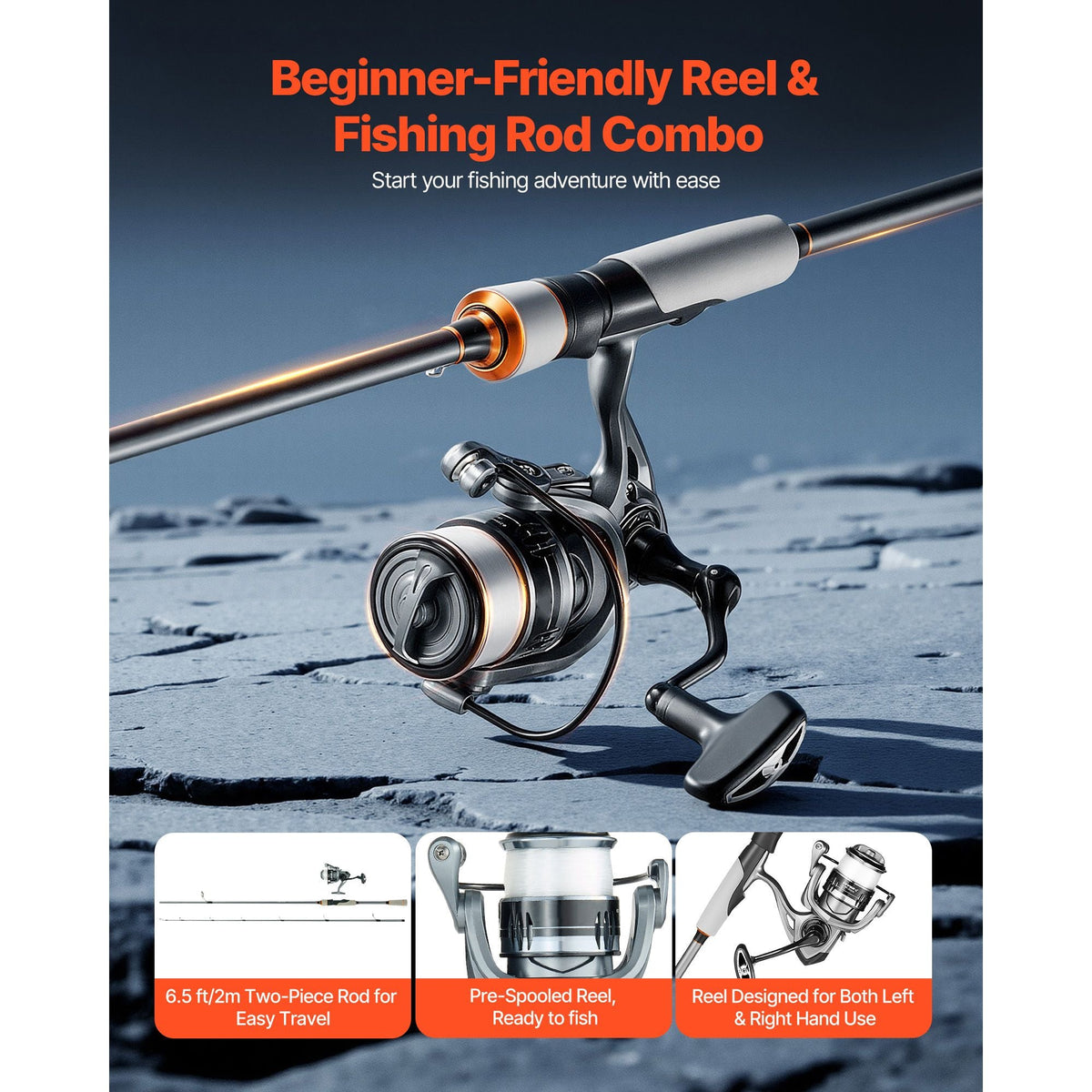 Rod and Fishing Reel Combo, IM6 Carbon Fiber Spinning Rod and Reel Combo, Bass Fishing Pole with 6.5 ft Two-Piece Rods, 7+1 Ball Bearings, EVA Handle, Stainless Steel Guides with Ceramic Rings