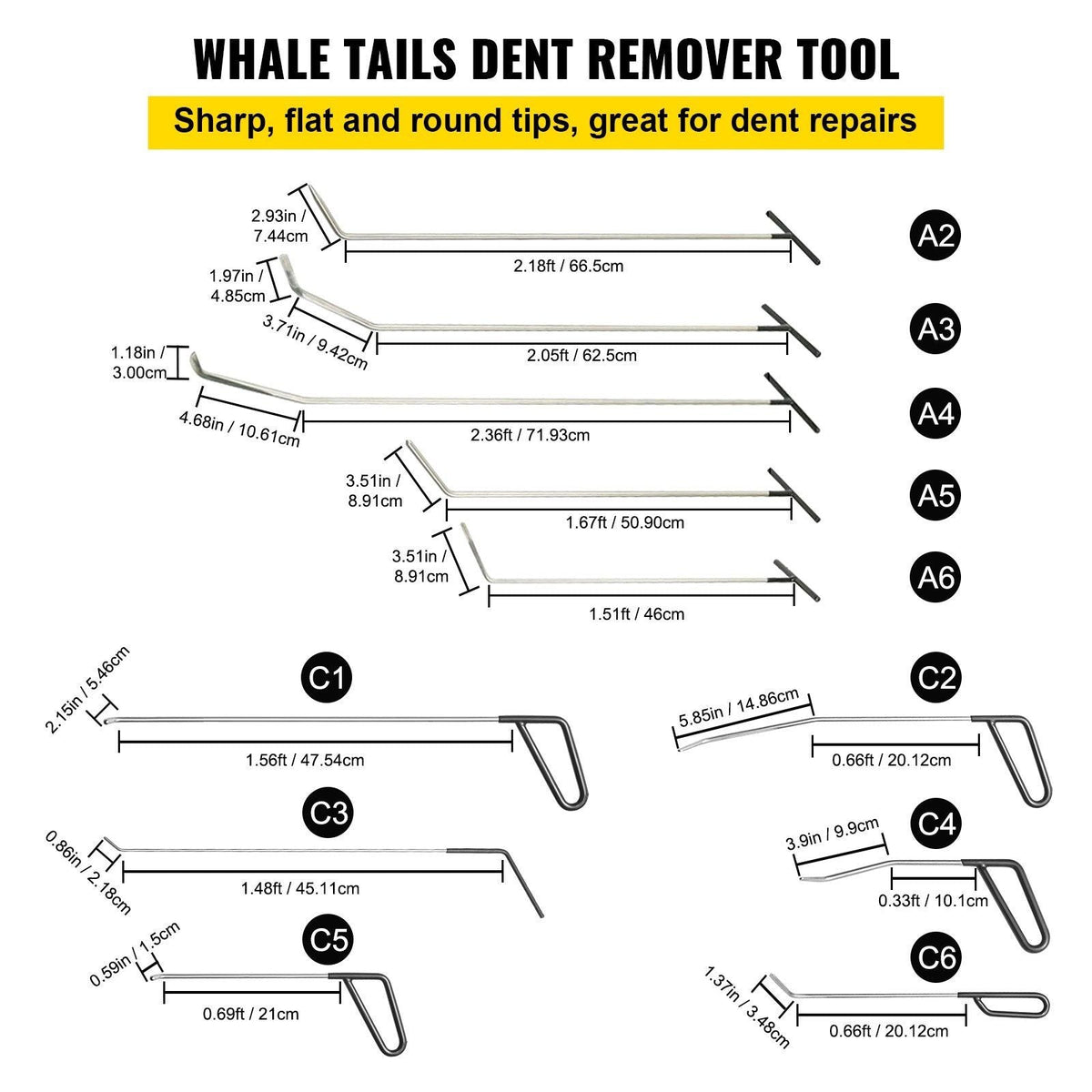 Rods Dent Removal Kit, 21 Pcs Paintless Dent Repair Rods, Stainless Steel Dent Rods, Whale Tail Dent Repair Tools, Professional Hail Dent Removal Tool For Minor Dents, Door Dings And Hail Damage
