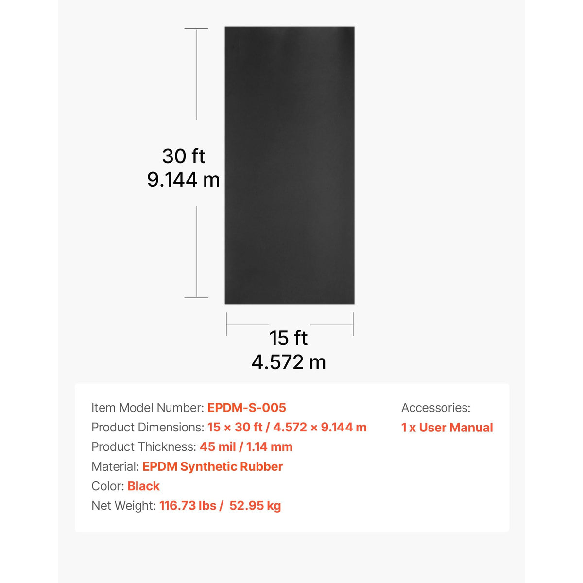 Roll Roofing, 15 x 30 ft, 45 mil EPDM Rubber Roofing, Long Lifespan & Weather-resistant, Withstands Harsh Temperatures, Flexible & Easy Installation, Roof Underlayment for RVs, Roofs, Ponds
