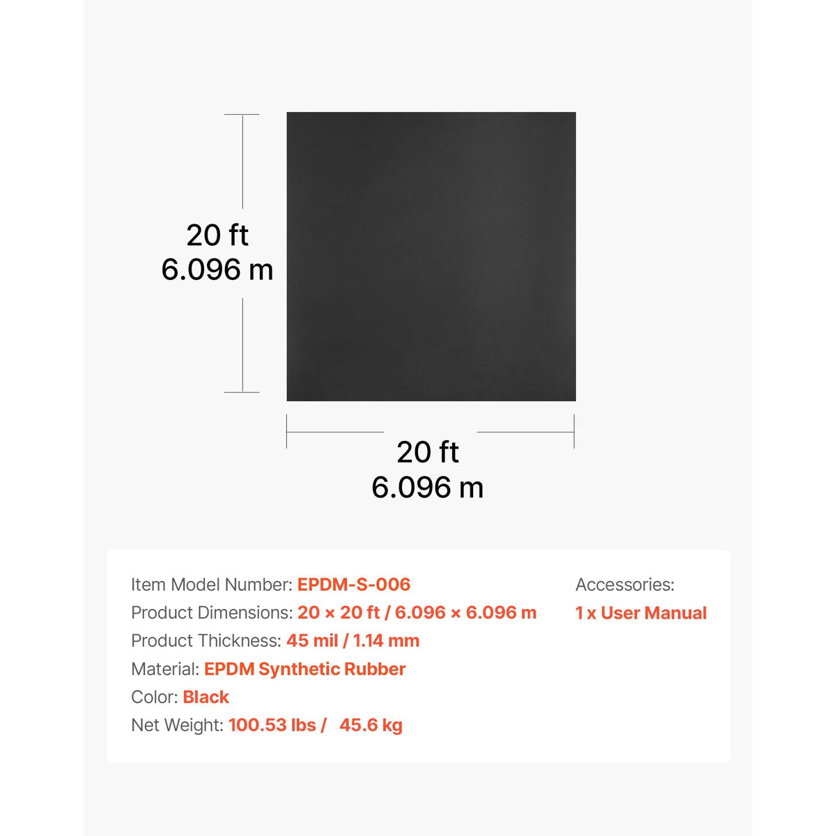 Roll Roofing, 20 x 20 ft, 45 mil EPDM Rubber Roofing, Long Lifespan & Weather-resistant, Withstands Harsh Temperatures, Flexible & Easy Installation, Roof Underlayment for RVs, Roofs, Ponds
