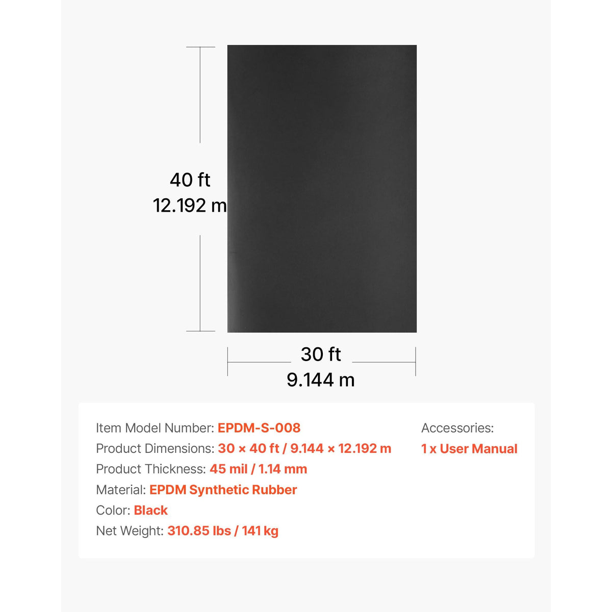 Roll Roofing, 30 x 40 ft, 45 mil EPDM Rubber Roofing, Long Lifespan & Weather-resistant, Withstands Harsh Temperatures, Flexible & Easy Installation, Roof Underlayment for RVs, Roofs, Ponds