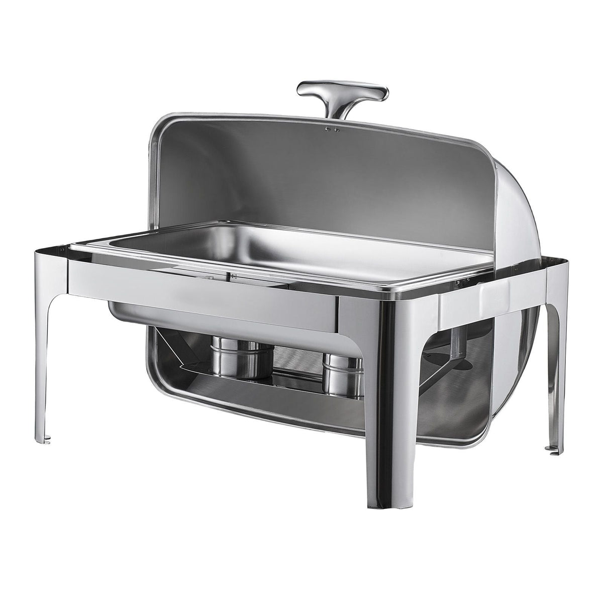 Roll Top Chafing Dish Buffet Complete Set, 9Qt Stainless Steel Chafer with Full Size Pan, Rectangle Catering Warmer Server with Lid Water Pan Folding Stand Fuel Holder Meal Clip, Silver