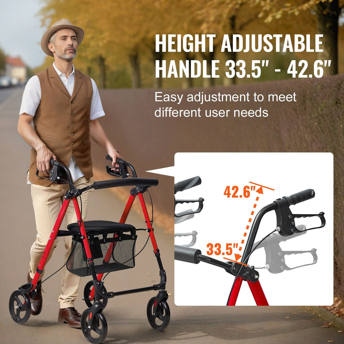 Rollator Walker for Seniors and Adult, Lightweight Aluminum Foldable Rolling Walker with Adjustable Seat and Handle, Outdoor Mobility Rollator Walker with 8" All Terrain Wheels, 300LBS Capacity