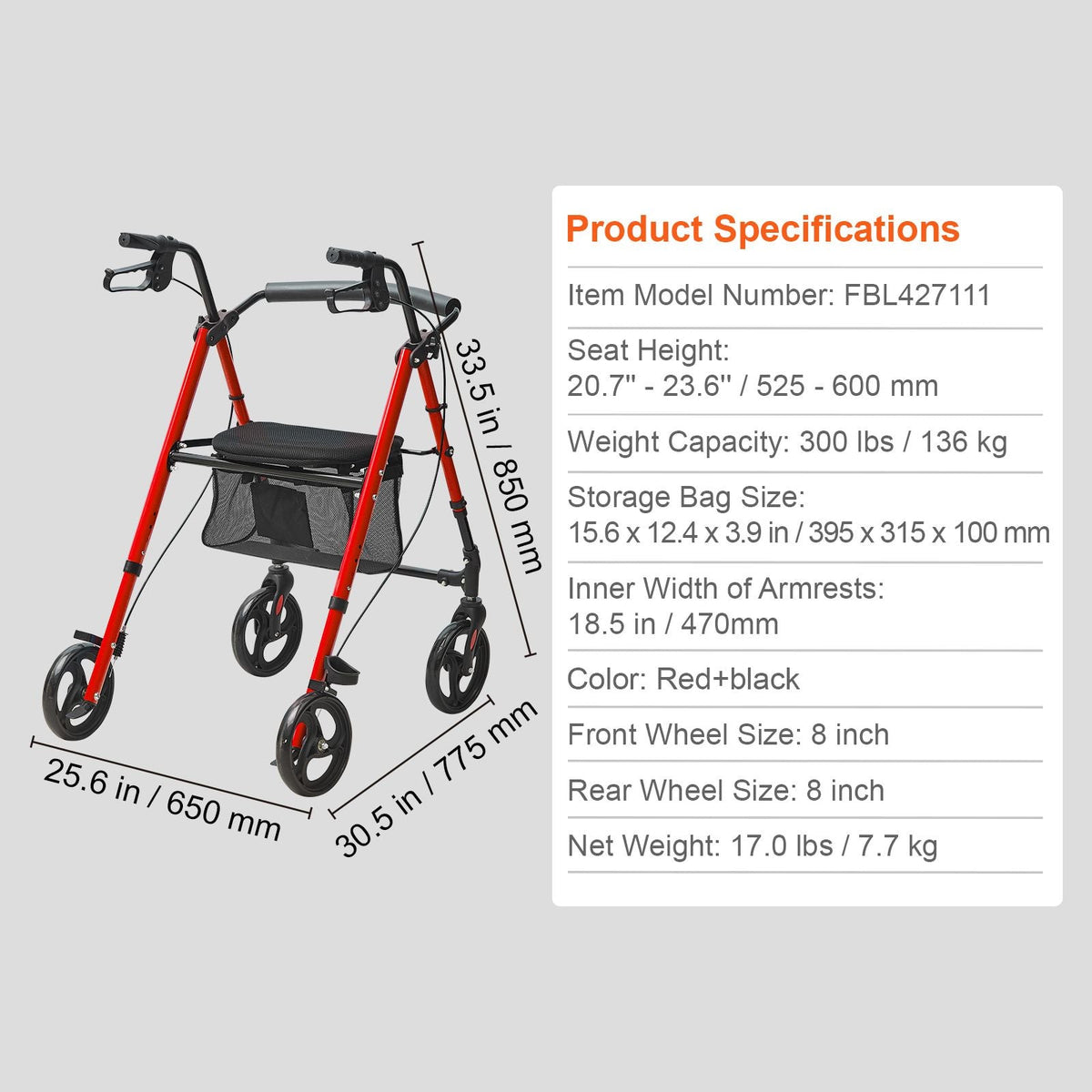 Rollator Walker for Seniors and Adult, Lightweight Aluminum Foldable Rolling Walker with Adjustable Seat and Handle, Outdoor Mobility Rollator Walker with 8" All Terrain Wheels, 300LBS Capacity