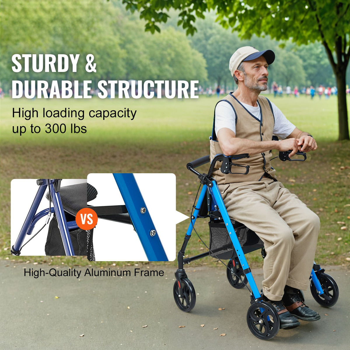 Rollator Walker for Seniors and Adult, Lightweight Aluminum Foldable Rolling Walker with Adjustable Seat and Handle, Outdoor Mobility Rollator Walker with 8" All Terrain Wheels, 300LBS Capacity