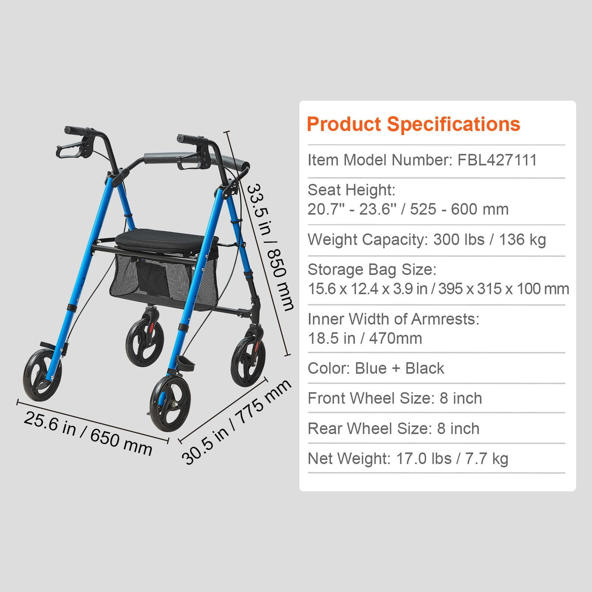Rollator Walker for Seniors and Adult, Lightweight Aluminum Foldable Rolling Walker with Adjustable Seat and Handle, Outdoor Mobility Rollator Walker with 8" All Terrain Wheels, 300LBS Capacity