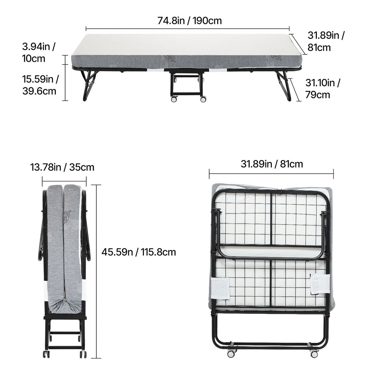 Rollaway Bed, 31 in x 75 in Folding Bed with 4 in Mattress, Twin Size Foldable Bed with Sturdy Metal Frame & Memory Foam Mattress, Portable Twin Roll Away Bed with Mattress, for Adults, Guest