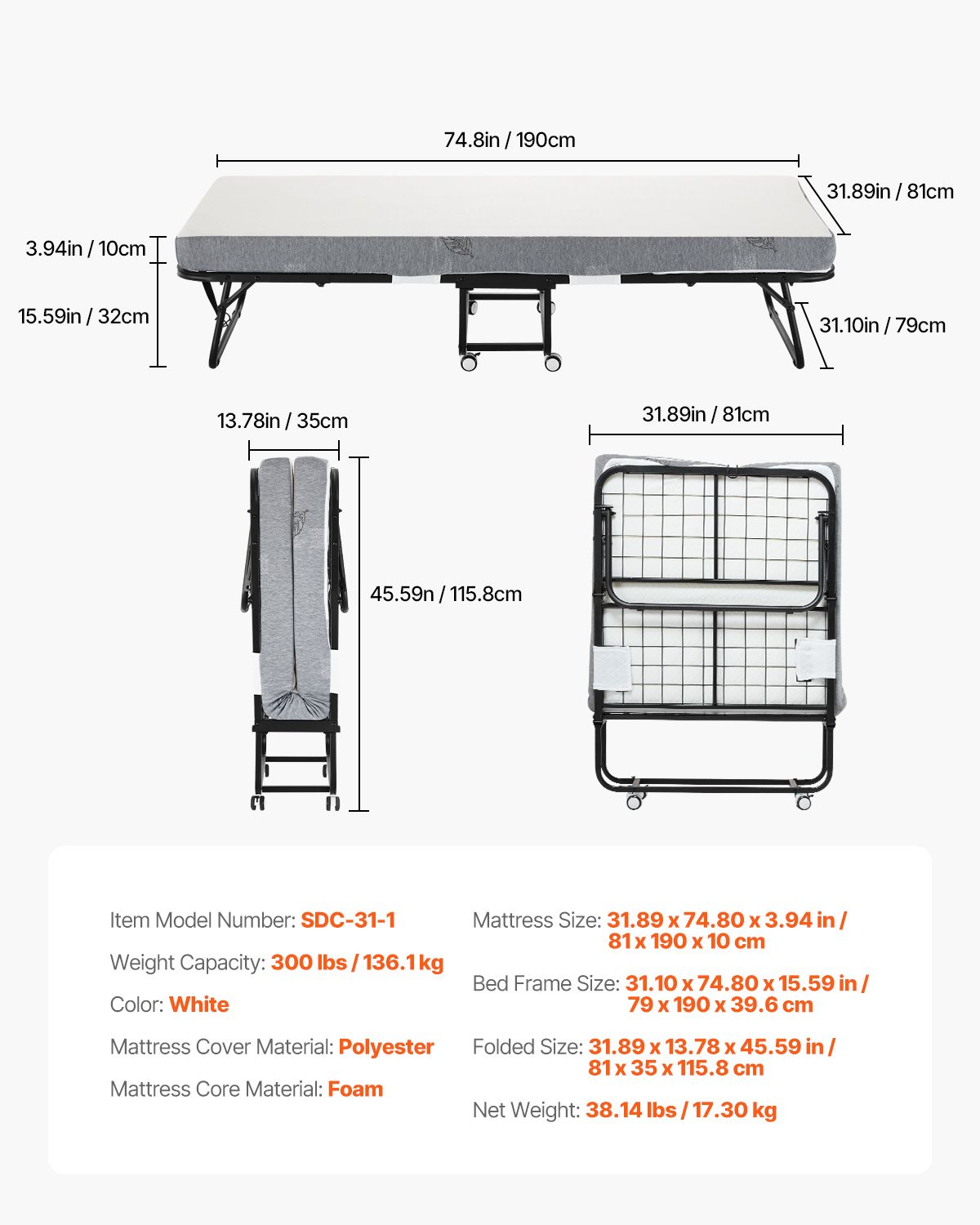 Rollaway Bed, 31 in x 75 in Folding Bed with 4 in Mattress, Twin Size Foldable Bed with Sturdy Metal Frame & Memory Foam Mattress, Portable Twin Roll Away Bed with Mattress, for Adults, Guest