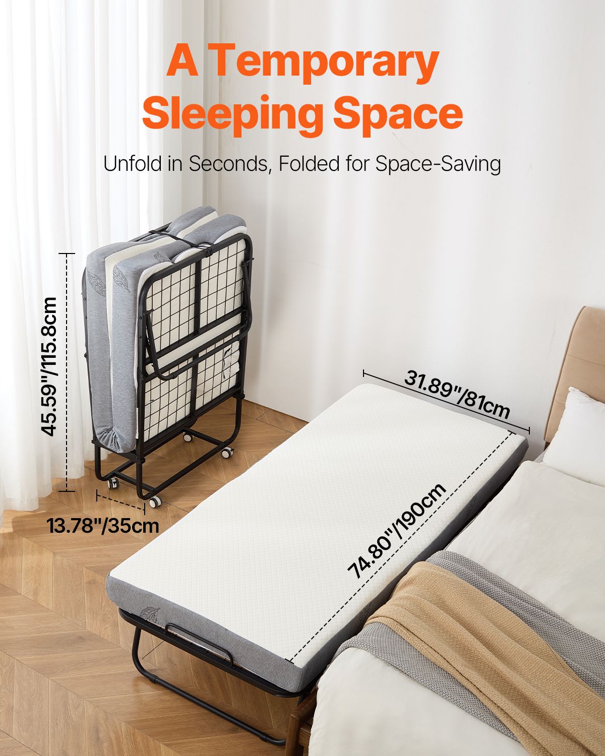 Rollaway Bed, 31 in x 75 in Folding Bed with 4 in Mattress, Twin Size Foldable Bed with Sturdy Metal Frame & Memory Foam Mattress, Portable Twin Roll Away Bed with Mattress, for Adults, Guest