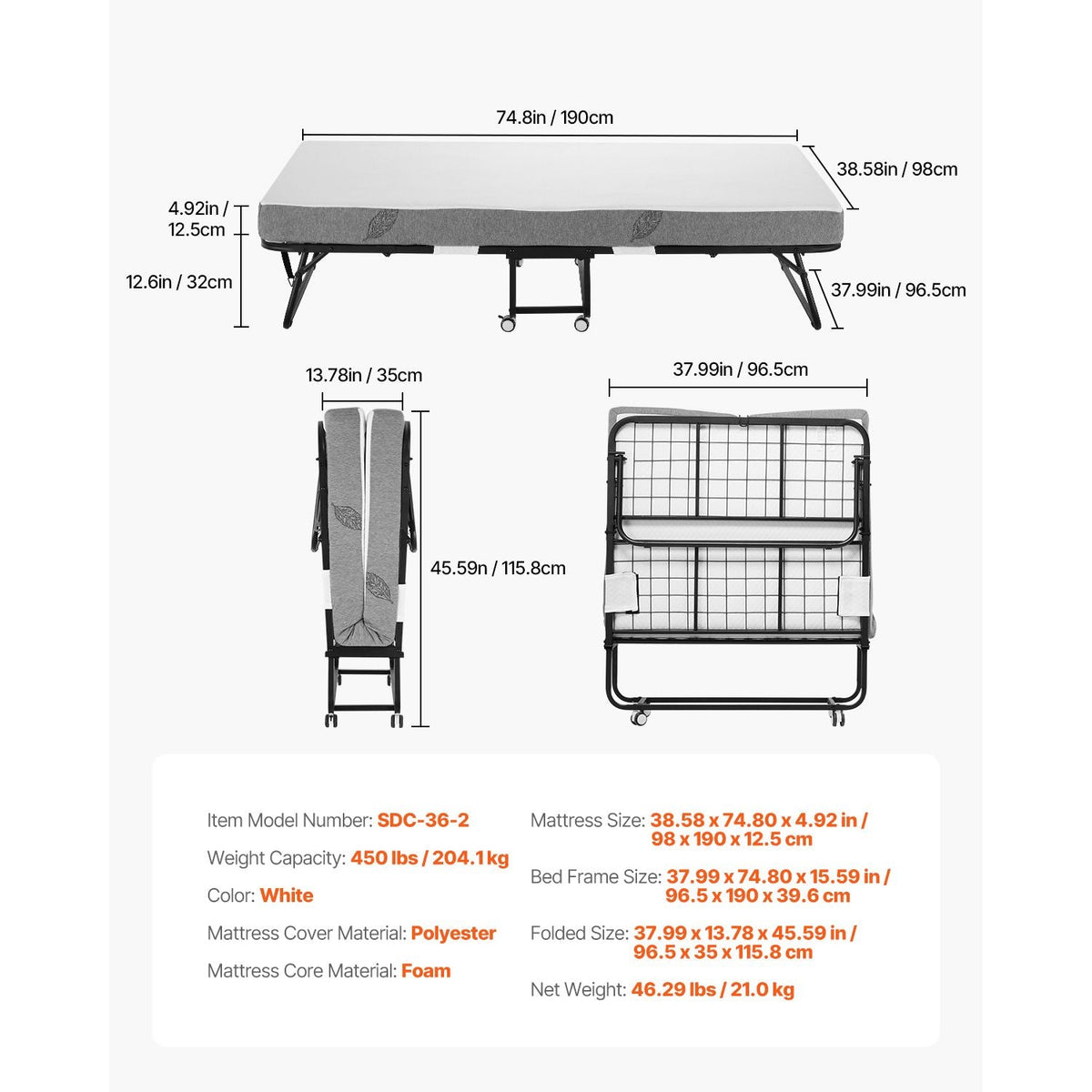 Rollaway Bed, 38 in x 75 in Folding Bed with 5 in Mattress, Twin Size Foldable Bed with Sturdy Metal Frame & Memory Foam Mattress, Portable Twin Roll Away Bed with Mattress, for Adults, Guest