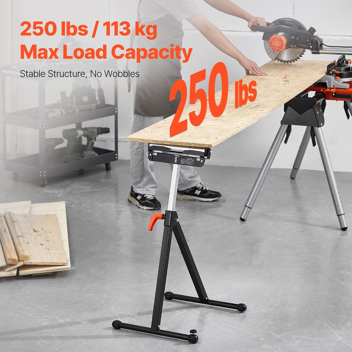 Roller Stand, 250 lb Load Capacity, 27 in-43 in Adjustable Height, Folding Heavy Duty with Edge Guides & 11.5 in Polished Steel Roller Head, for Table Saw Outfeed Woodworking Extension Support