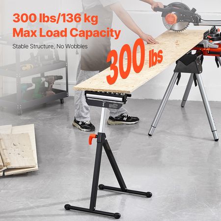 Roller Stand, 300 lb Load Capacity, 26.8-42.5 in Adjustable Height, Folding Heavy Duty with 11.5 inch Polished Multi-directional Roller Head, for Table Saw Outfeed Woodworking Extension Support