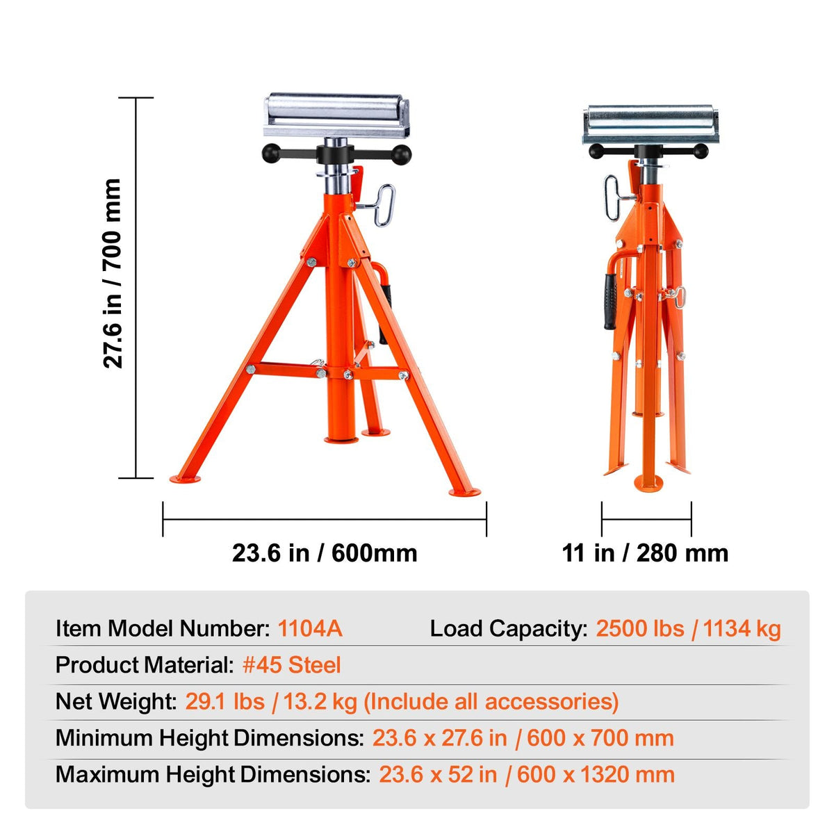 Roller Stand, Heavy Duty 2500 LBS Load Capacity, 27.6"-52" Height Adjustable, 45# Steel Folding Roller Support Stand for Pipes, Wooden Boards