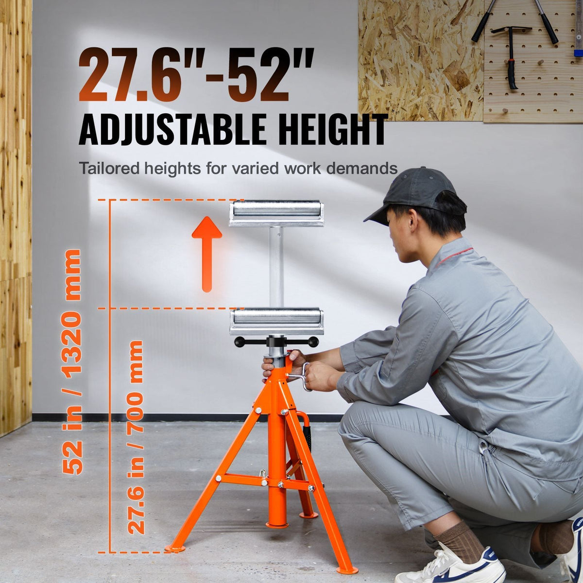 Roller Stand, Heavy Duty 2500 LBS Load Capacity, 27.6"-52" Height Adjustable, 45# Steel Folding Roller Support Stand for Pipes, Wooden Boards