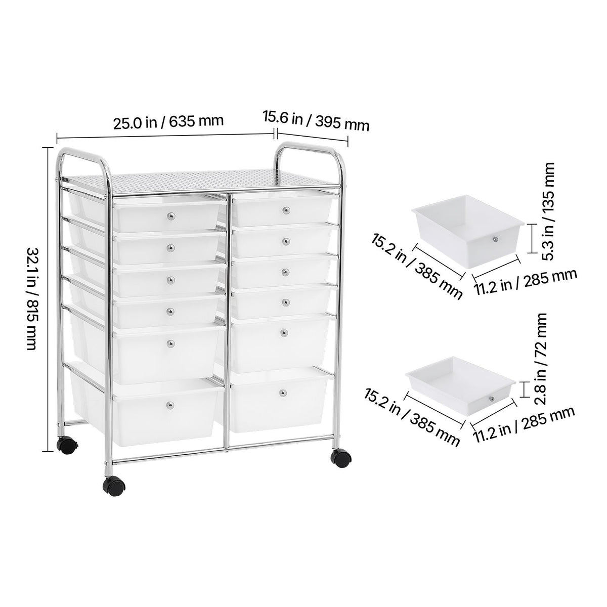 Rolling Cart with Drawers, Double Row 12 Drawer Storage Organizer, Mobile Utility Cart with Chrome Steel Frame, Universal Casters & 2 Brakes, for Office, Classroom, Craft Room, Studio, Garage