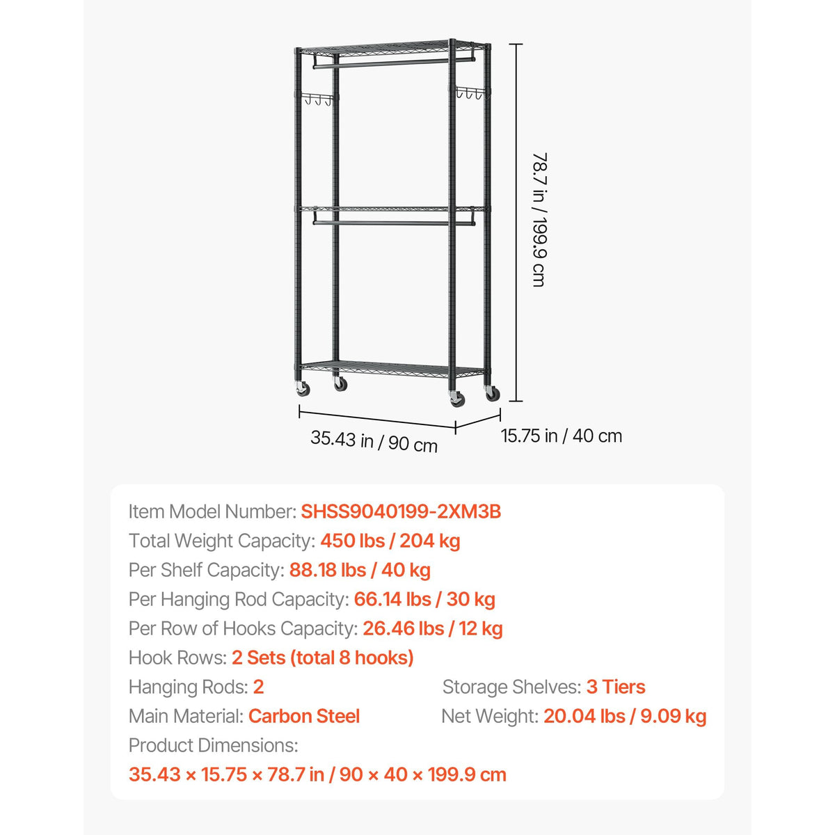 Rolling Clothes Rack, Heavy Duty Clothing Garment Rack, 3 Adjustable Tiers Clothing Racks with Carbon Steel, 450 lbs Load Capacity Closet Wardrobe for Bedroom, Clothing Store, Hallway