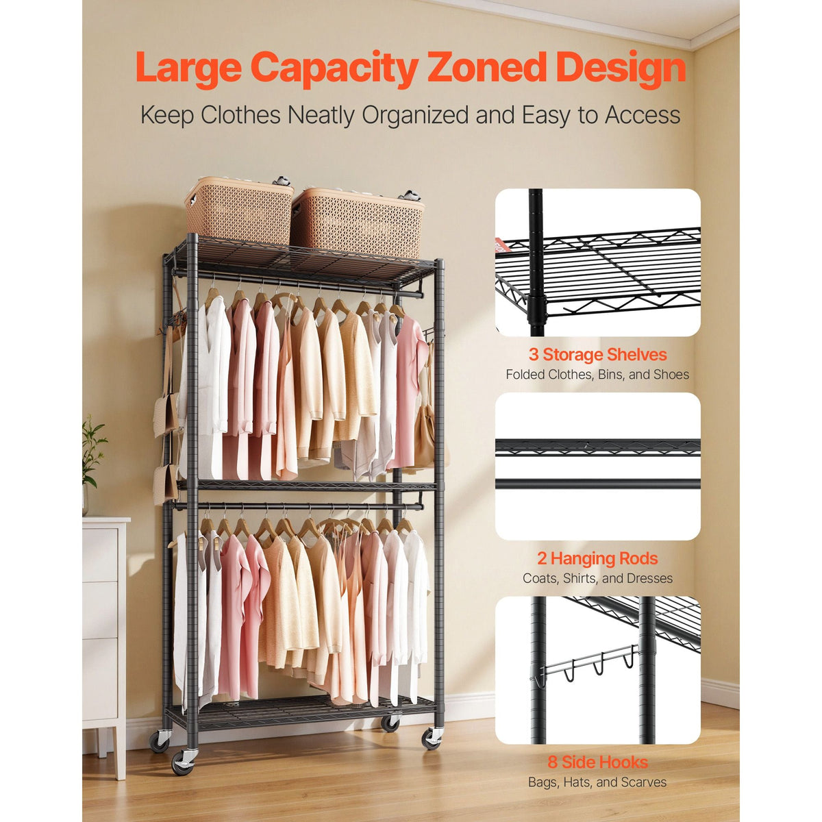Rolling Clothes Rack, Heavy Duty Clothing Garment Rack, 3 Adjustable Tiers Clothing Racks with Carbon Steel, 450 lbs Load Capacity Closet Wardrobe for Bedroom, Clothing Store, Hallway