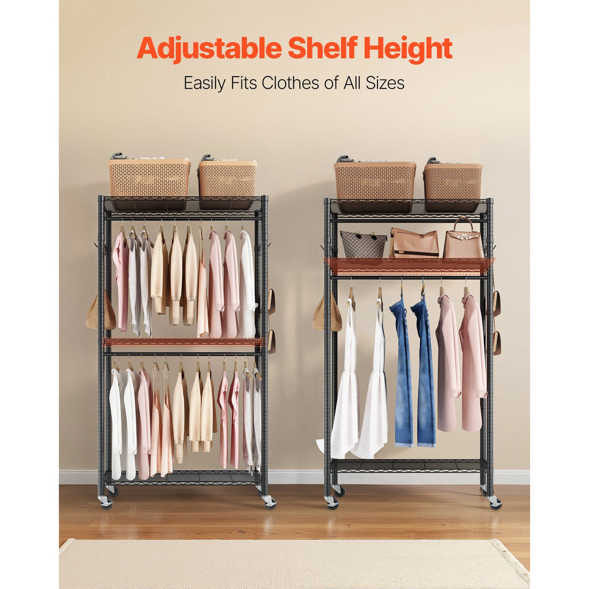 Rolling Clothes Rack, Heavy Duty Clothing Garment Rack, 3 Adjustable Tiers Clothing Racks with Carbon Steel, 450 lbs Load Capacity Closet Wardrobe for Bedroom, Clothing Store, Hallway