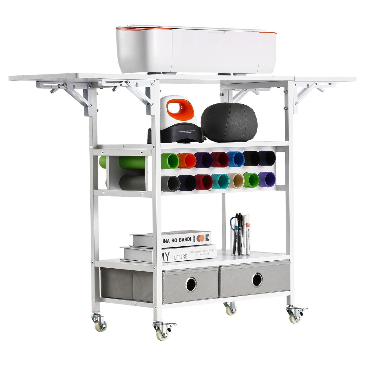 Rolling Craft Cart and Storage Table, Compatible with Cricut Machines, Collapsible Cricut Table with Foldable Sides, Craft Rolling Storage Organizer with 14 Vinyl Roll Holders and 2 Drawers