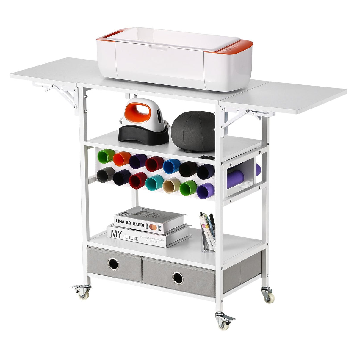Rolling Craft Cart and Storage Table, Compatible with Cricut Machines, Collapsible Cricut Table with Foldable Sides, Craft Rolling Storage Organizer with 14 Vinyl Roll Holders and 2 Drawers