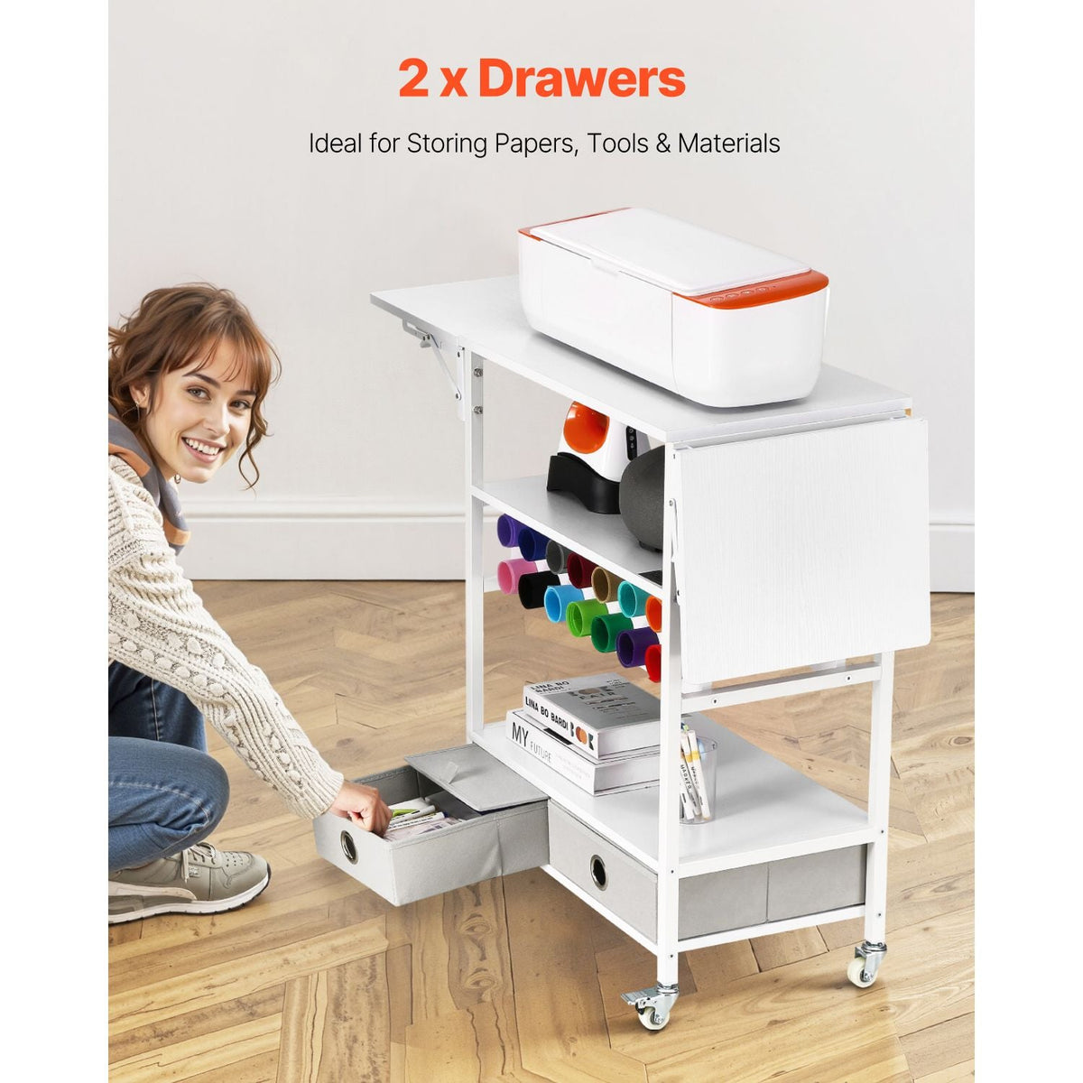 Rolling Craft Cart and Storage Table, Compatible with Cricut Machines, Collapsible Cricut Table with Foldable Sides, Craft Rolling Storage Organizer with 14 Vinyl Roll Holders and 2 Drawers