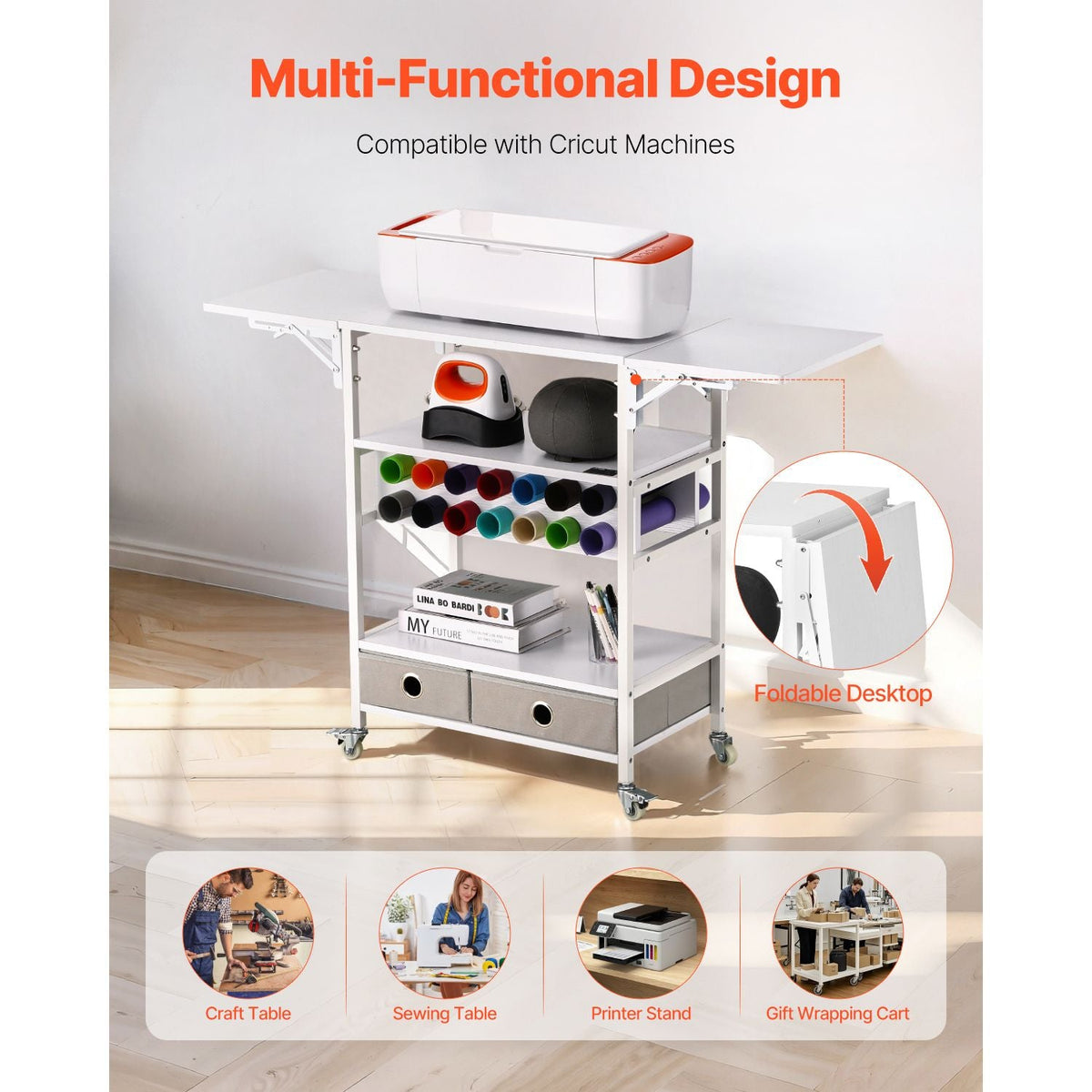 Rolling Craft Cart and Storage Table, Compatible with Cricut Machines, Collapsible Cricut Table with Foldable Sides, Craft Rolling Storage Organizer with 14 Vinyl Roll Holders and 2 Drawers