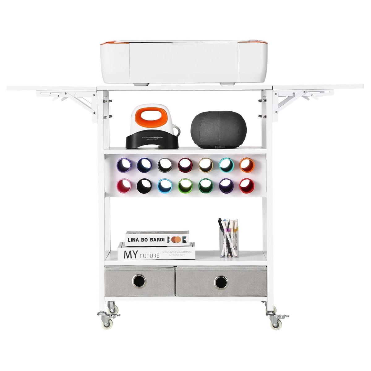 Rolling Craft Cart and Storage Table, Compatible with Cricut Machines, Collapsible Cricut Table with Foldable Sides, Craft Rolling Storage Organizer with 14 Vinyl Roll Holders and 2 Drawers
