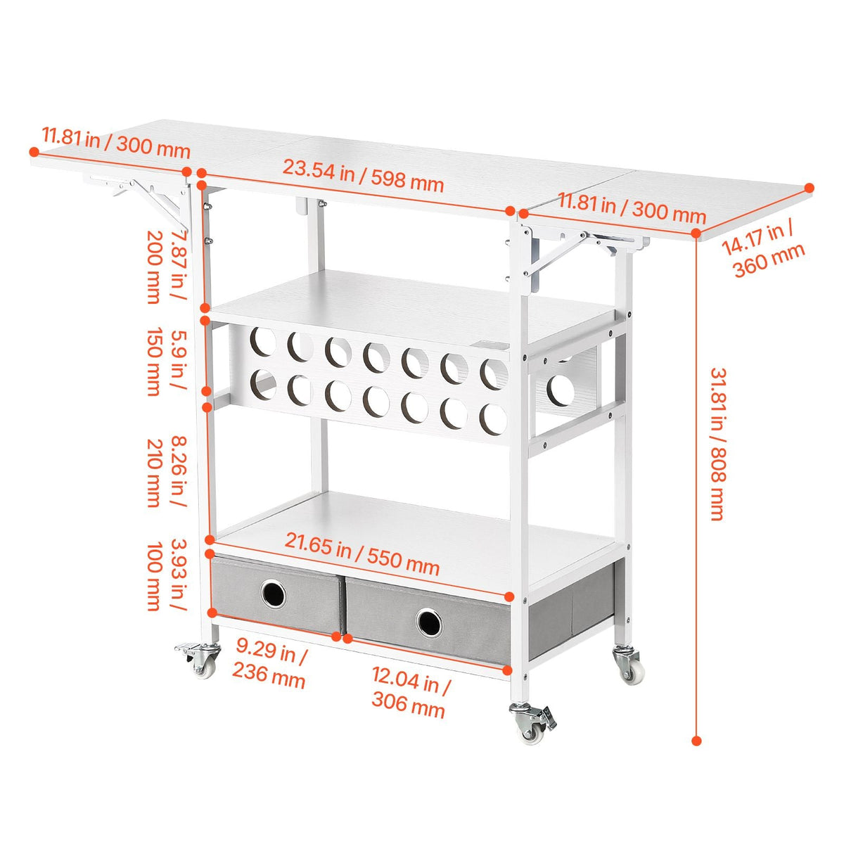 Rolling Craft Cart and Storage Table, Compatible with Cricut Machines, Collapsible Cricut Table with Foldable Sides, Craft Rolling Storage Organizer with 14 Vinyl Roll Holders and 2 Drawers