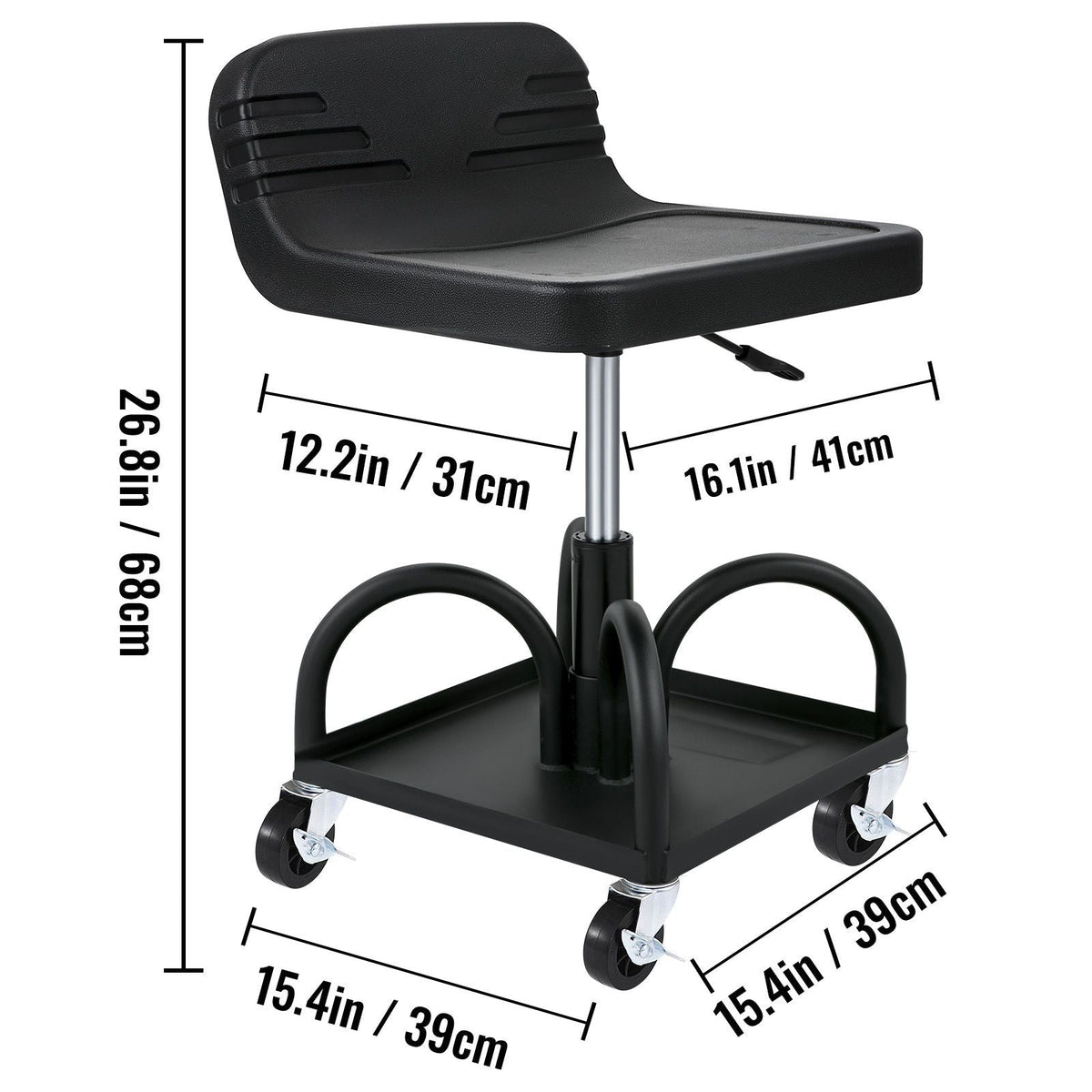 Rolling Garage Stool, 300LBS Capacity, Adjustable Height from 15.7 in to 20.5 in, Mechanic Seat with 360-degree Swivel Wheels and Tool Tray, for Workshop, Auto Repair Shop, Black