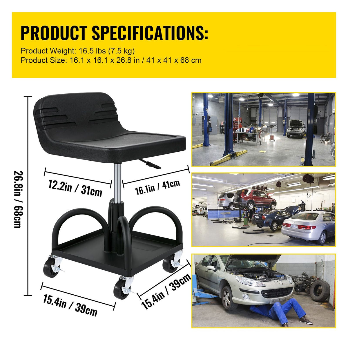 Rolling Garage Stool, 300LBS Capacity, Adjustable Height from 15.7 in to 20.5 in, Mechanic Seat with 360-degree Swivel Wheels and Tool Tray, for Workshop, Auto Repair Shop, Black