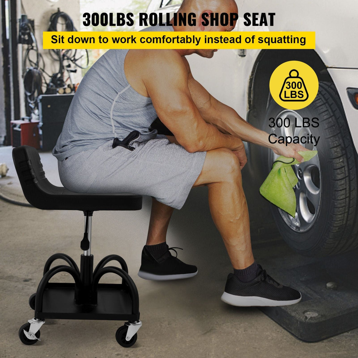 Rolling Garage Stool, 300LBS Capacity, Adjustable Height from 15.7 in to 20.5 in, Mechanic Seat with 360-degree Swivel Wheels and Tool Tray, for Workshop, Auto Repair Shop, Black
