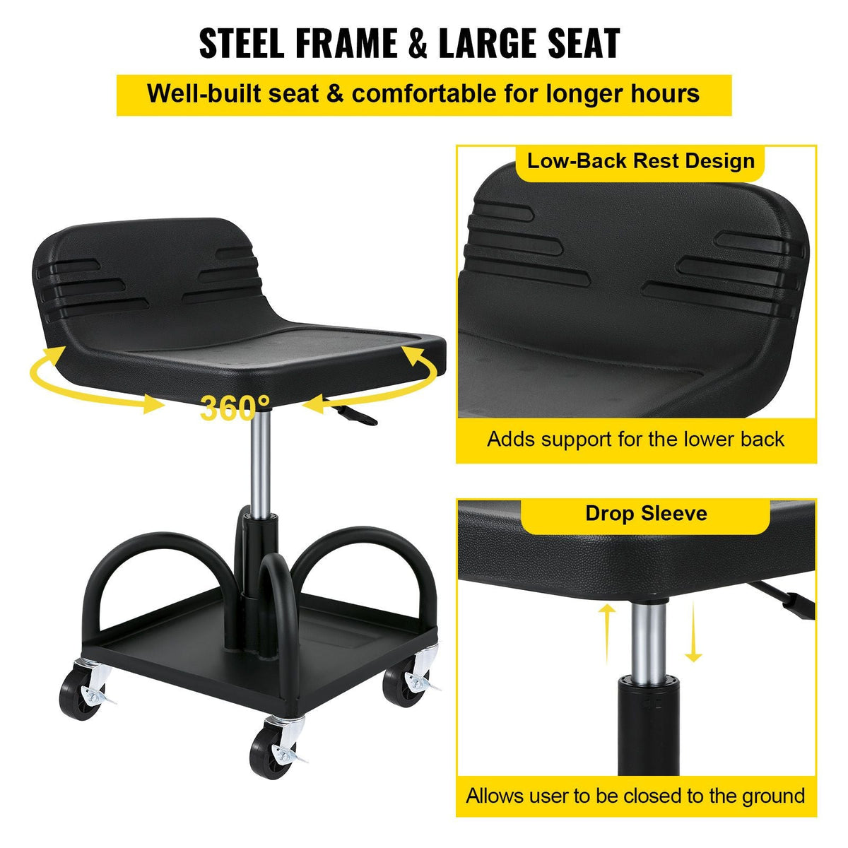Rolling Garage Stool, 300LBS Capacity, Adjustable Height from 15.7 in to 20.5 in, Mechanic Seat with 360-degree Swivel Wheels and Tool Tray, for Workshop, Auto Repair Shop, Black