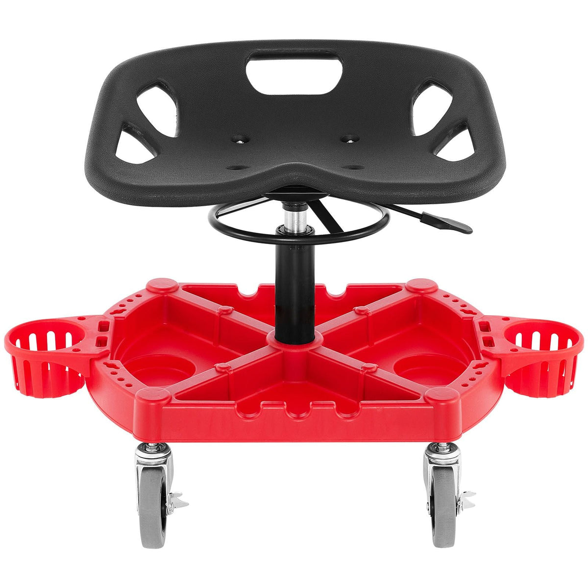 Rolling Garage Stool, 300LBS Capacity, Adjustable Height from 18 in to 23 in, 360-degree Swivel Wheels (4\"), Large Tool Tray with Two Bottle Holder, for Workshop, Auto Repair Shop, Red