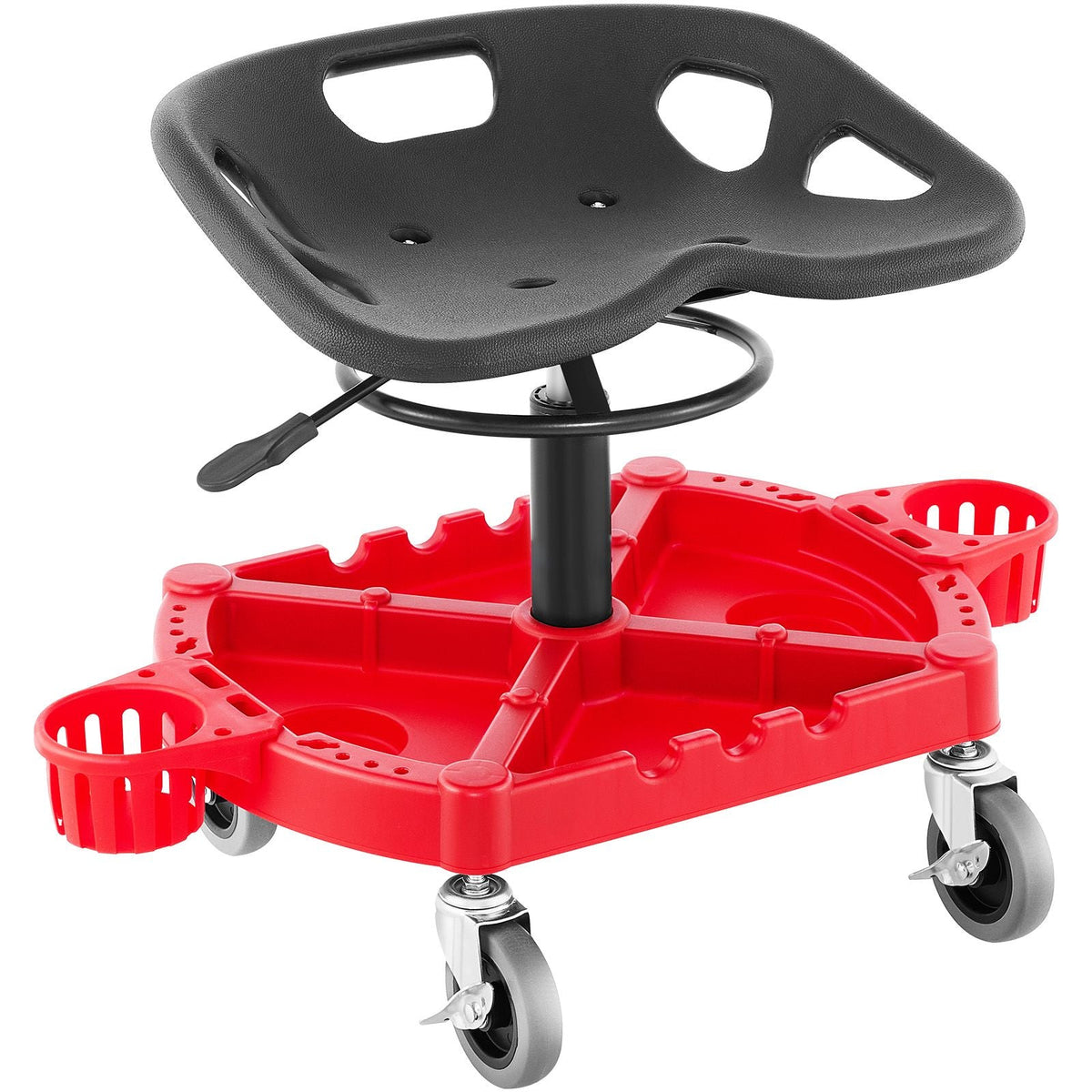 Rolling Garage Stool, 300LBS Capacity, Adjustable Height from 18 in to 23 in, 360-degree Swivel Wheels (4\"), Large Tool Tray with Two Bottle Holder, for Workshop, Auto Repair Shop, Red