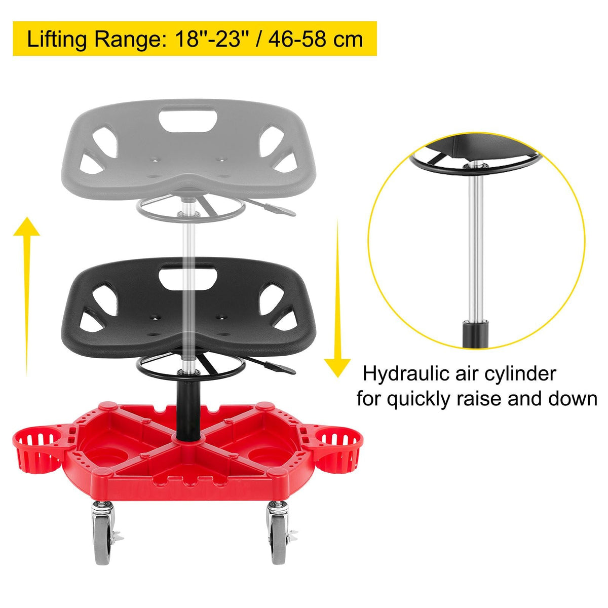 Rolling Garage Stool, 300LBS Capacity, Adjustable Height from 18 in to 23 in, 360-degree Swivel Wheels (4\"), Large Tool Tray with Two Bottle Holder, for Workshop, Auto Repair Shop, Red
