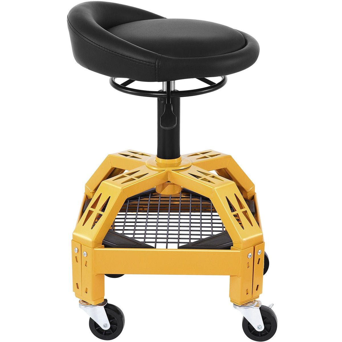 Rolling Garage Stool, 300LBS Capacity, Adjustable Height from 24 in to 28.7 in, Mechanic Seat with 360-degree Swivel Wheels and Tool Tray, for Workshop, Auto Repair Shop, Yellow