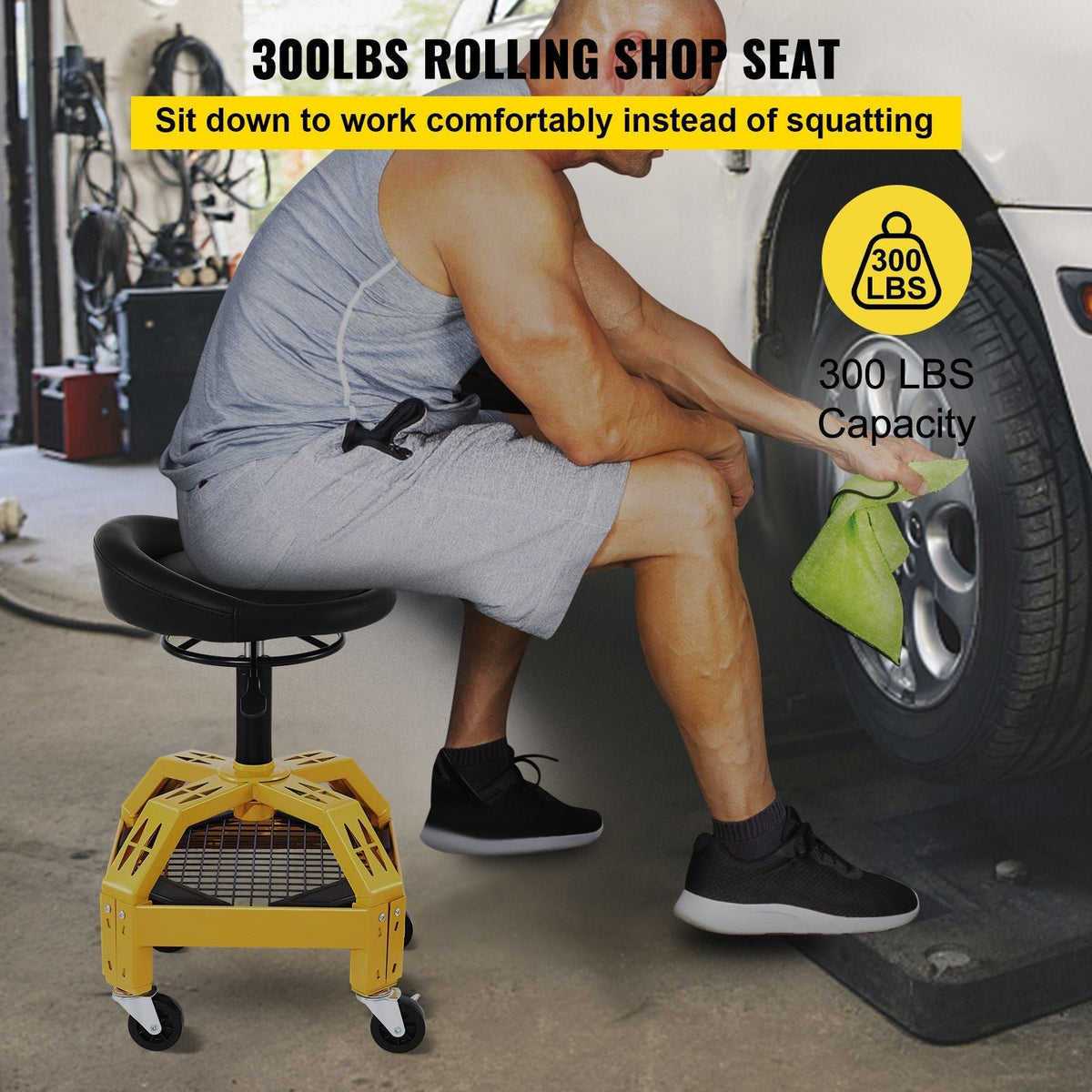 Rolling Garage Stool, 300LBS Capacity, Adjustable Height from 24 in to 28.7 in, Mechanic Seat with 360-degree Swivel Wheels and Tool Tray, for Workshop, Auto Repair Shop, Yellow